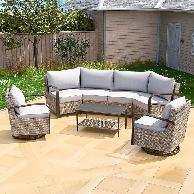 COOS BAY Aurora Terrace Half-Moon Outdoor Furniture Set, Rattan Conversation Set with Swivel Rockers, Curved 4-Seat Sofa, Coffee Table, Seats 6, Beige/Beige