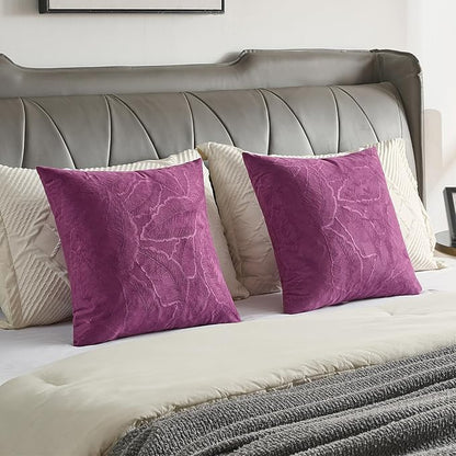 FUTEI Purple Velvet Throw Pillow Covers 24x24 Inch Set of 2,Soft Embossed Leaf-Relief Textured European Cushion Cases,Natural Home Decor for Couch Living Room