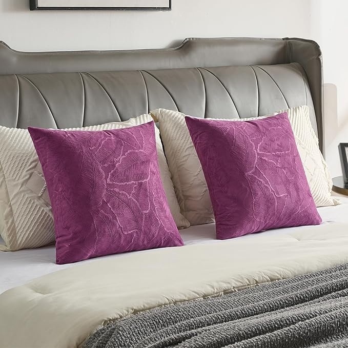 FUTEI Purple Velvet Throw Pillow Covers 12x20 Inch Set of 2,Soft Embossed Leaf-Relief Textured Lumbar Pillow Cases,Natural Home Decor for Couch Living Room