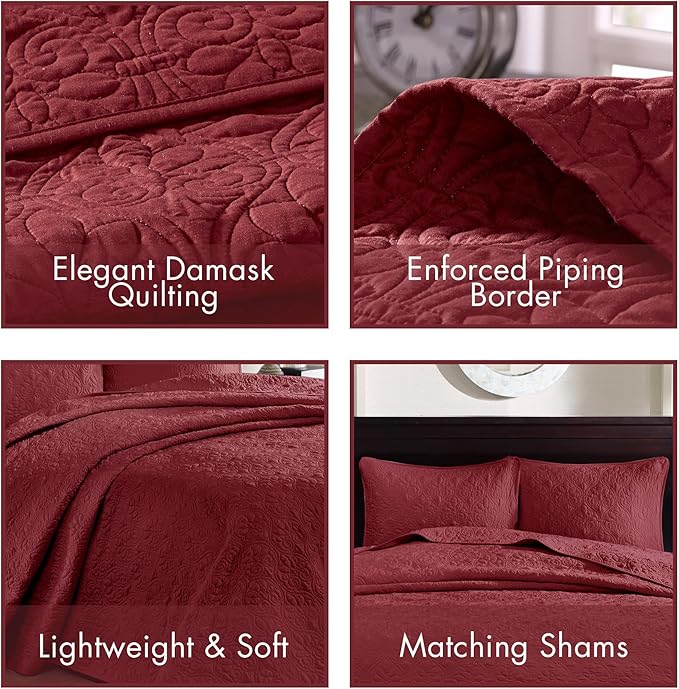 Madison Park Quebec King Size Quilt Bedding Set - Red , Damask – 3 Piece Bedding Quilt Coverlets – Ultra Soft Microfiber Bed Quilts Quilted Coverlet