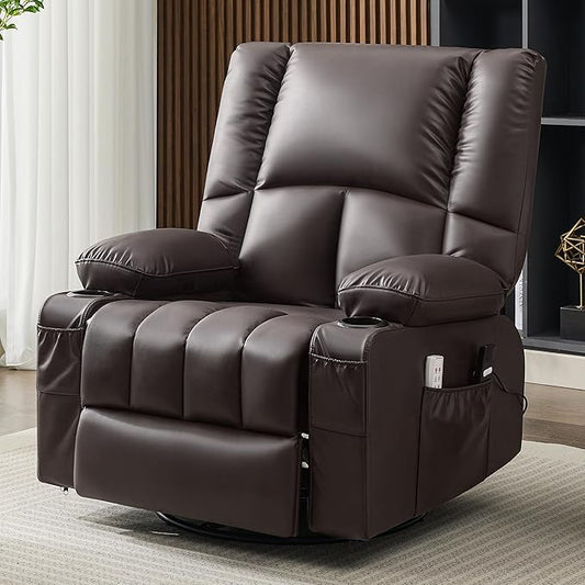 Swivel Rocker Chair with Heat and Massage, 270° Power Recliner Chairs for Adults, USB and Type-C Ports, Oversized Recliner Single Sofa, Electric Glider Chair(Darkbrown)