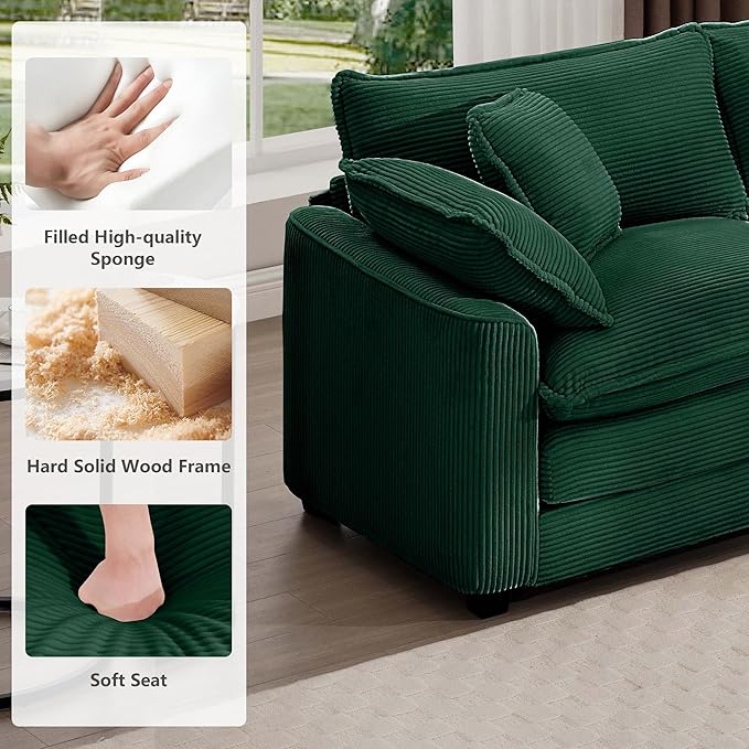 mikibama Luxury 2 Piece Sofa Set, 3-Seater & Loveseat Couch Set, Modern Corduroy Comfy Cloud Couches Set for Living Room Office with 4 Armrest Pillows and 5 Toss Pillows, Green