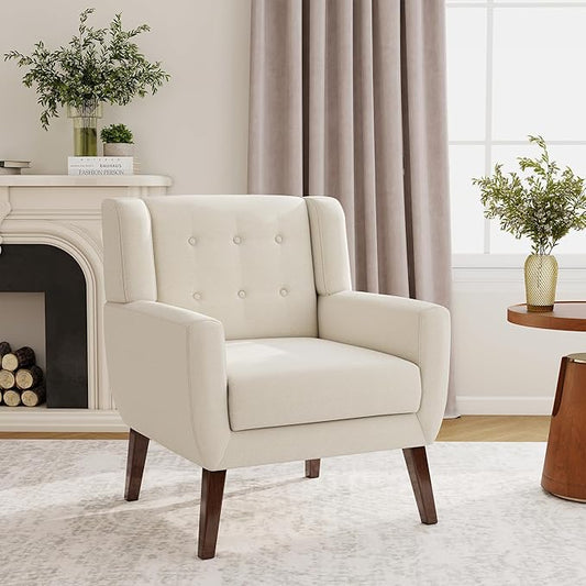 Accent Chair, Modern Fabric Armchair for Living Room, Comfy Upholstered Arm Chair Tufted for Indoor Bedroom Office Room (White)