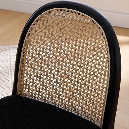 Rattan Dining Chairs Set of 6, Modern Dining Room Chairs with Cane Back Comfy Accent Sherpa Chair Upholstered Boucle Chair for Kitchen/Restaurant/Living Room, Black