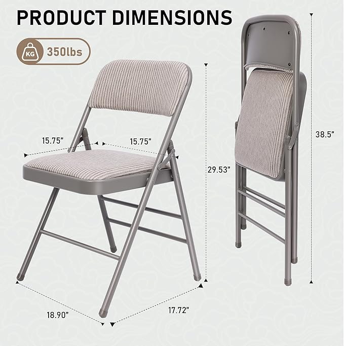 SEALAMB 16 Pack Folding Chairs with Padded Seats & Cushion, Durable Metal Foldable Chairs for Wedding Party, Commercial Chairs for Office School Church Events, 350lb Capacity (Grey-Fabric, 16 Pack)
