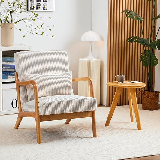 Accent Chairs, Mid-Century Modern Chair with Pillow, Armchair with Solid Wood, Reading Relaxing Leisure Chair for Living Room（Beige）