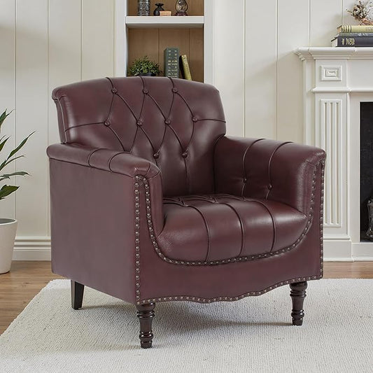 Faux Leather Accent Chair, PU Leather Modern Comfy Upholstered Armchair with Wood Legs & Nailhead Trim for Living Room, Bedroom