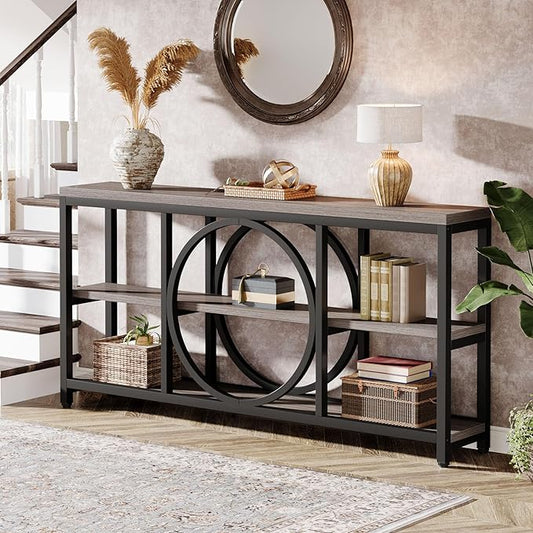 Tribesigns 70.9 Inch Extra Long Console Table for Entryway, Sofa Table Behind Couch with 3 Tier Wood Storage Shelves Industrial Metal Frame for Living Room Hallway Entryway, Black Rustic Gray