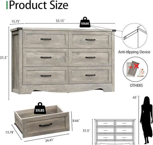 Dresser for Bedroom with 6 Drawers, 54" Wide Wood Chest of Drawers with Deep Drawers & Mental Handle, Modern Dresser TV Stand, Wooden Closet Storage Organizer for Living Room, Hallway, Entryway, Grey