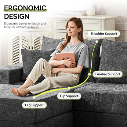 79" Boneless Cloud Loveseat Sofa Couch, Modular Foldable Floor Sofa with Ottoman, Chenille Lounge Convertible Sofa Bed for Living Room, No Assembly, Dark Grey