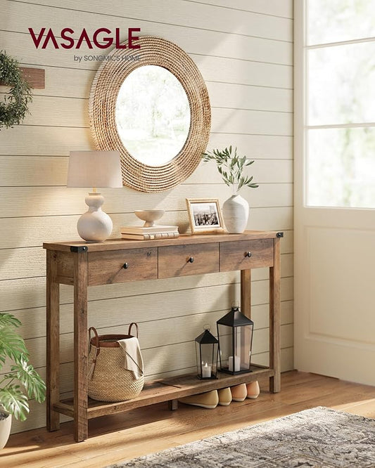 VASAGLE Console Table, Sofa Table, Narrow Entryway Table, Entry Table with 3 Drawers, Open Storage Shelf, Metal Corners, for Living Room, Farmhouse Style, Honey Brown ULNT142KB02S