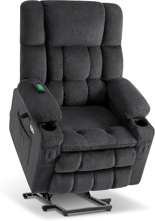 MCombo Dual Motor Large Power Lift Recliner Chair for Elderly, Lay Flat Lift Chair with Heat and Massage, Big Lift Recliner for Tall People, Cup Holders, Fabric 7896 (Large, Dark Gray)