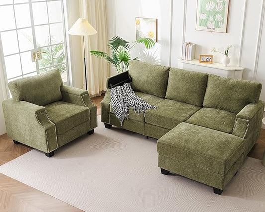 85'' L Shaped Couch with Armrest Organizer,Comfy 3 Seats Sofa with Storage Ottoman,Chenille Sectional Couches for Living Room,Bedroom,Apartment,Sofa Set with Oversized Chair,Green