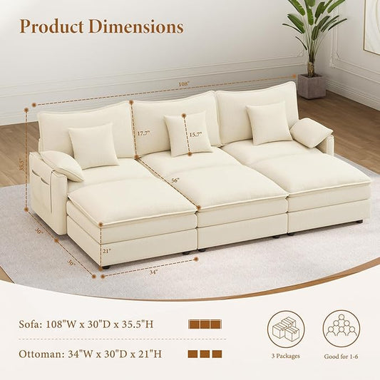 Vesgantti 108" Sectional Sleeper Sofa, 6-Seater Oversized Modular Cloud Couch with Movable Ottoman, Chenille Large Sofa Bed Convertible Deep Seat Couches for Living Room, Bedroom and Apartment, Beige