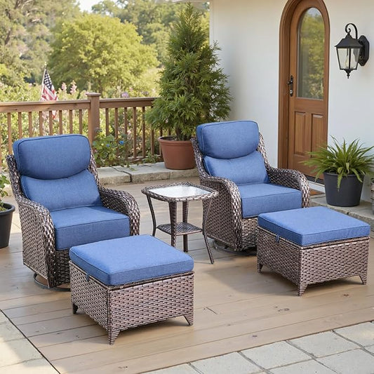 Belord Luxury 6" Thick Cushioned 5 Pieces Patio Furniture Set with 2 Ottomans, Wicker Outdoor Conversation Set with High Back Swivel Rocker Patio Chairs for Deck Porch Yard and Poolside - Brown+Blue