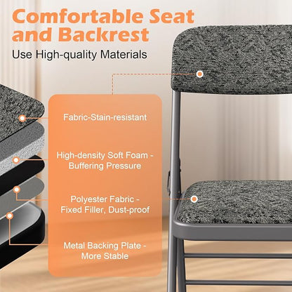 Commercial Grade Folding Chair with Padded Fabric Cushion（16"X16" |Double-hinged Legs Luxury Style|4.5kg Capacity Max Weight 150Kg for Home and Office,Indoor and Outdoor Events (2, Fabric-Grey)