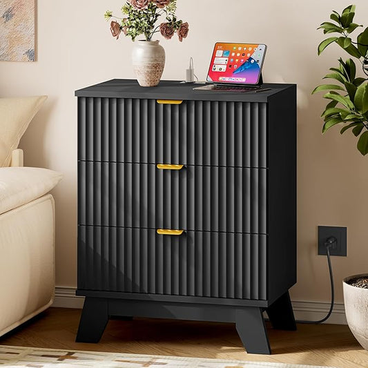 30.5" Nightstand with Charging Station, 3-Drawer Fluted Bedroom Chest, Wood Bedside Dresser with Power Outlets and USB Ports, Metal Slides, Stable Base, Modern Storage Cabinet for Small Spaces
