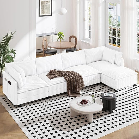 Vesgantti 143" L Shaped Modular Sectional Sofa, Comfy Corduroy Upholstered Modular Sectional Couches for Living Room, Modern Cloud Couch with Ottoman Deep Seat, Warm White