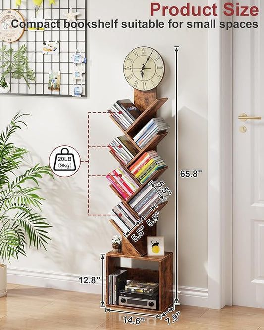 7 Tier Tree Bookshelf with Clock and Storage Cabinet, Small Narrow Floor Standing Bookcase for Bedroom, Living Room, Home Office, Rustic Brown