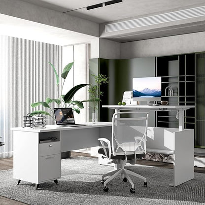 70" W L‑Shaped Executive Standing Desk with Storage Cabinet, Electric Corner Height Adjustable Workstation for Dual Screens, Printer, and Office Essentials