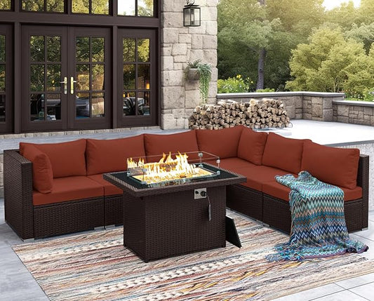 NICESOUL 7 Piece Modular Outdoor Furniture Set with Firepit Natural Gas&Propane, 29.3'' High Back L-Shaped 6-Seater Patio Wicker Sectional Sofa Couch Sets for Tall People, Brown Rattan and Red Cushion