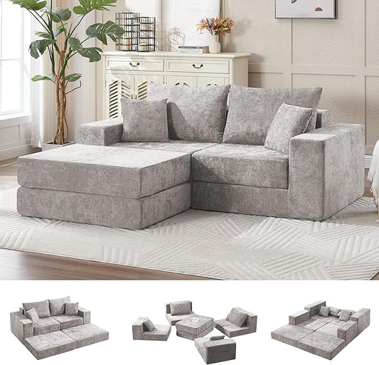 79" Boneless Loveseat Sofa Couch, Modular Foldable Floor Cloud Sofa with Ottoman, Lounge Convertible Sofa Bed for Living Room, No Assembly, Chenille Light Grey