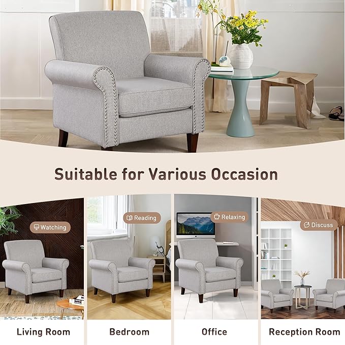 Prilinex Upholstered Living Room Chair Set of 3 - Large Comfy Fabric Accent Chair Single Sofa with Cushion, Rolled Armrest & Nailhead Trim, Mid Century Modern Armchair for Bedroom, Office, Grey