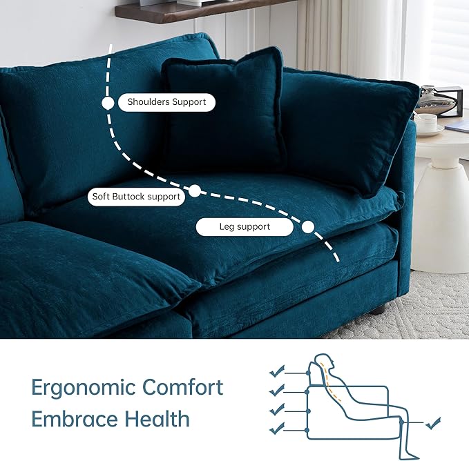 Modular Sectional Sofa, 146.5 Inch U-Shaped Cloud Sofa with Deep Seat Chenille Sofa with Cushions, Four Seater Sectional Sofa for Living Room Apartment,Blue