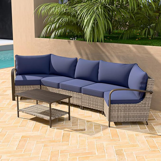 COOS BAY Aurora Terrace Half-Moon Outdoor Furniture Set, Rattan Conversation Set with Curved 5-Seat Sofa, Coffee Table, Seats 5, Beige/Blue