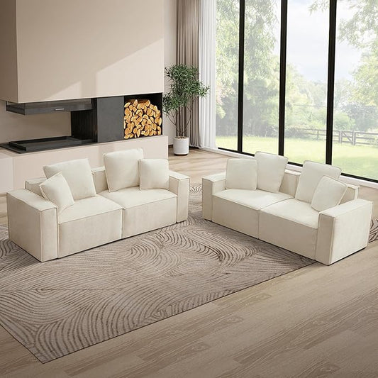 WILLOVE Modular Sectional Sofa Set, Chenille Cloud Couch with Wide Armrests & 8 Pillows, Deep Seat Couches for Living Room, 4-Seater Beige