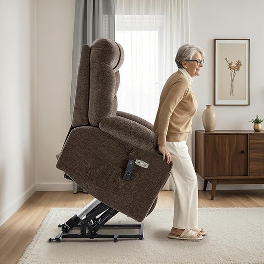 MCombo Oversized Power Lift Recliner Chair with Extended Footrest for Elderly People, Fabric R7289 (Brown, Medium-Oversize)