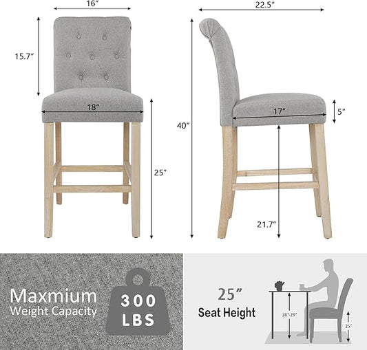 GOTMINSI 24" Bar Stools Set of 2 for Kitchen Island Upholstered Counter Height Bar Stools with Button Tufted Decoration Barstools Home Kitchen Island Wooden Bar Chairs Grey