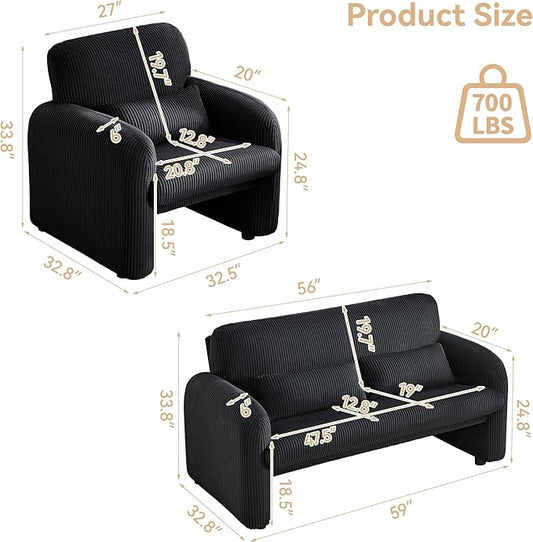 Corduroy Accent Living Room Sets, Modern Upholstered Love Seat with 2 Accent Chairs, Wide Comfy Leisure Chair Sets for Bedroom, Office, Black