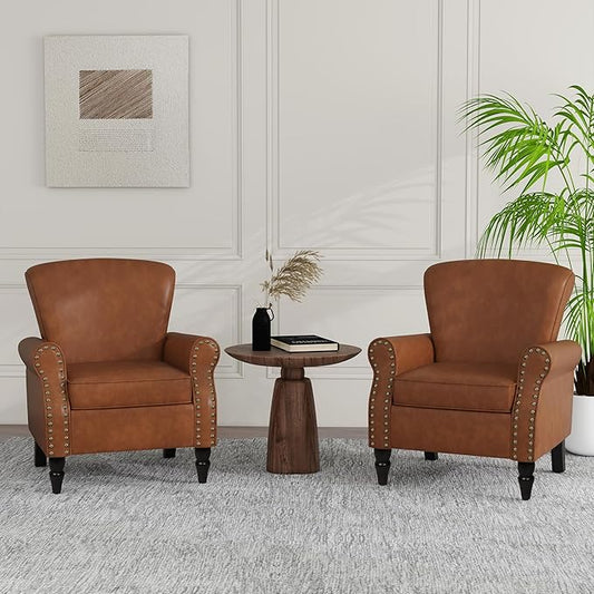 Accent Chair, Mid Century Modern Faux Leather Arm Chair with Wood Leg for Living Room, Bedroom, Comfy PU Leather Club Reading Chairs with Wingback & Nailhead Trim (Leather Brown, Set of 2)