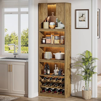 Tribesigns 86.6" Tall Wine Bar Cabinet with Stripe Light, Farmhouse Home Bar Liquor Cabinet with Wine Racks and Open Shelves for Kitchen Dining Living Room