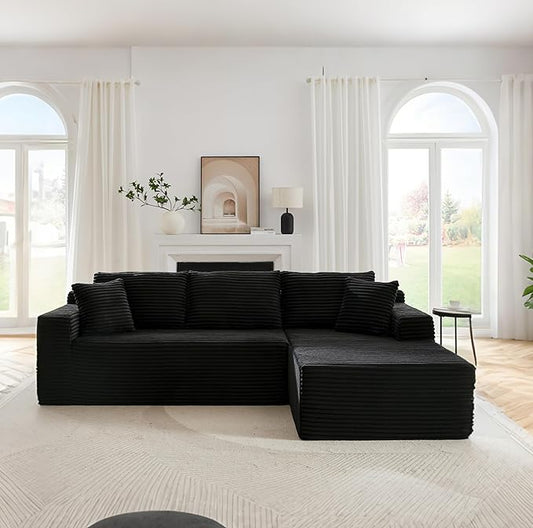 Upgrade 108’’ L Shape Cloud Couch, Plush Corduroy Sectional Sofa with Chaise, Boneless Couches for Living Room Bedroom, No Assembly Required (Black, Right Facing Chaise)