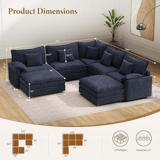 Vesgantti 108" V-Shaped Corner Couch Sectional, 7 Seat Customizable Modular Cloud Couches with Movable Ottoman, Chenille Deep Seat Sofa Set with Chaise for Living Room, Bedroom and Apartment, Blue