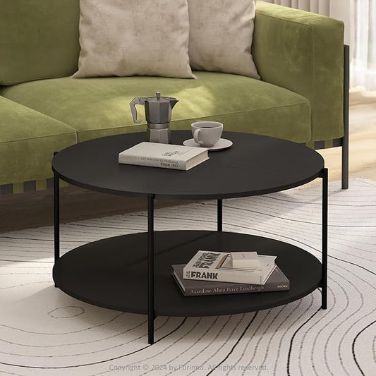 Furinno BESI Coffee Table, 2-Tier Round Modern Coffee Table with Metal Legs, Metal Frame Side Table with Open Shelf, for Living Room, Bedroom, Home Office, Americano
