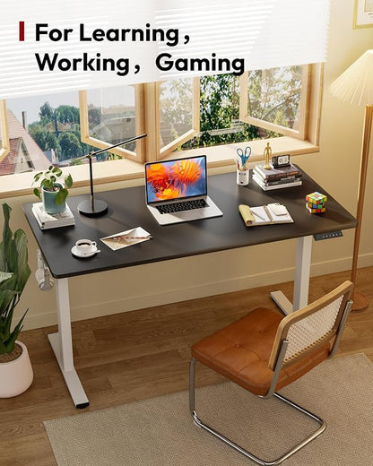 SANODESK Electric Standing Desk 55 x 28 Inches Whole-Piece Desktop Height Adjustable Stand Up Desk w/6-Button Controller Ergonomic Computer Desk for Home Office, White Frame + Black Tabletop