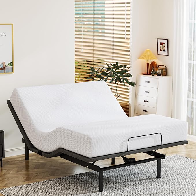 Queen Adjustable Bed Base Frame with Wireless Remote + 10 Inch Queen Green Tea Gel Memory Foam Mattress Bed in a Box, Head and Foot Incline, Zero Gravity, Fiberglass Free, 80" × 60"