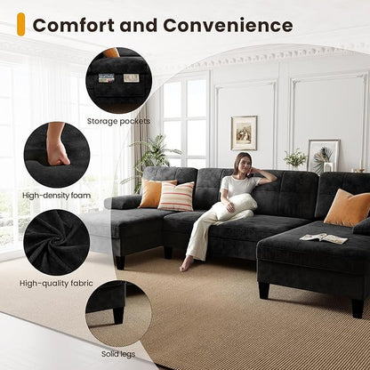 KKL Sectional Sofa Couch for Living Room, U Shaped Couch with Storage, Home Sofas with Chaise, Modern Comfy Couches for Apartment, Living Room Furniture, Chenille (Black, U Shape)