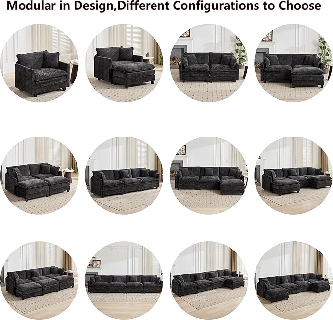 Aoowow Modular Sectional 3 Seater Cloud Sofa Couch for Living Room,113.8" Cloud Sofas with Deep Seat,Modern Chenille 3 Seat Sofas,Fluffy Cloud Couches for Bedroom,Apartment,Office (Black, 3 Seater)