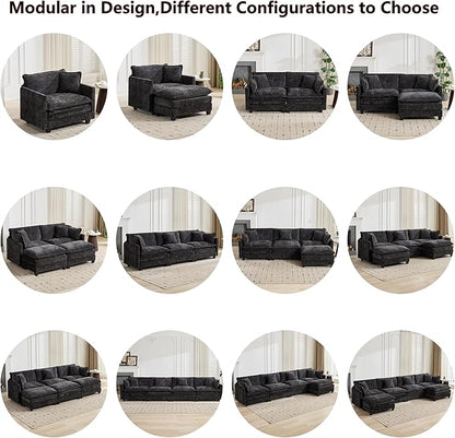Aoowow Modular Sectional 3 Seater Cloud Sofa Couch for Living Room,113.8" Cloud Sofas with Deep Seat,Modern Chenille 3 Seat Sofas,Fluffy Cloud Couches for Bedroom,Apartment,Office (Black, 3 Seater)