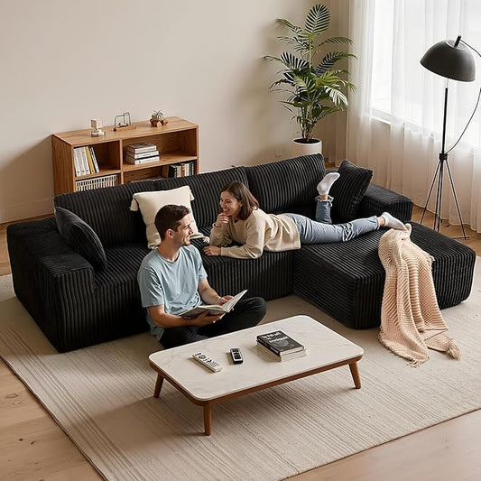 Apicizon 113" Modular Sectional Couch for Living Room, L Shaped Sectional Sofa Couch with Deep Seat, Boneless Sleeper Sofa with Chaise Longue for Apartment，No Assembly Required (Plush Corduroy Black)
