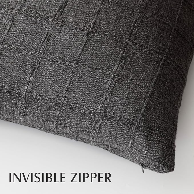 Foindtower Set of 2 Decorative Linen Check Throw Pillow Covers Neutral Farmhouse Lumbar Cushion Covers Modern Boho Home Decor for Sofa Chair Couch Bedroom Living Room,12×20 Inch,Charcoal