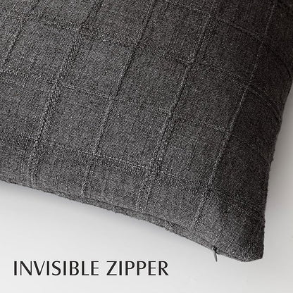 Foindtower Set of 2 Decorative Linen Check Throw Pillow Covers Neutral Farmhouse Vintage Cushion Covers Modern Boho Home Decor for Sofa Chair Couch Bedroom Living Room,20×20 Inch,Charcoal