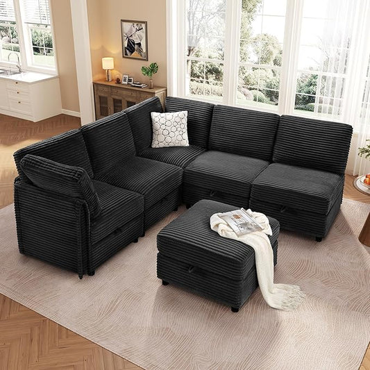 KKL Modular Sectional Sofa V-Shaped 6 Seater Couch with Storage Ottoman, Convertible L/J-Shaped Couch and Sofa Bed Plush Wide-Wale Corduroy for Living Room, Apartment, Modern Design, Black