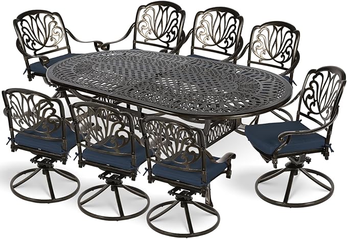 MEETWARM 9-Piece Outdoor Patio Dining Set, All-Weather Cast Aluminum Patio Conversation Set for Backyard Garden Deck with 1 Oval Table, 8 Cushioned Swivel Rocker Chairs, 2" Umbrella Hole, Navy Blue