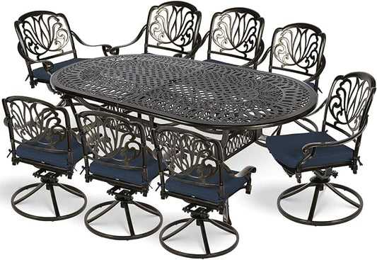 MEETWARM 9-Piece Outdoor Patio Dining Set, All-Weather Cast Aluminum Patio Conversation Set for Backyard Garden Deck with 1 Oval Table, 8 Cushioned Swivel Rocker Chairs, 2" Umbrella Hole, Navy Blue