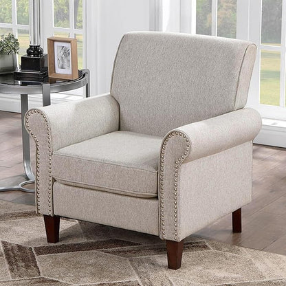 Prilinex Upholstered Living Room Chair - Large Comfy Fabric Accent Chair Single Sofa with Cushion, Rolled Armrest & Nailhead Trim, Mid Century Farmhouse Armchair for Bedroom, Office, Beige